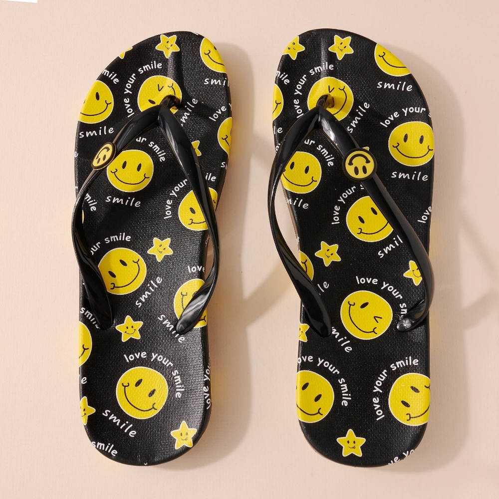 NWT black smiley face flip flops summer sandals shoes